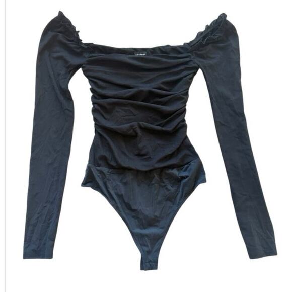 Ambitionist Fancy Ruched Long Sleeve Ruffle Trim Bodysuit NWOT Black XS - Picture 1 of 8